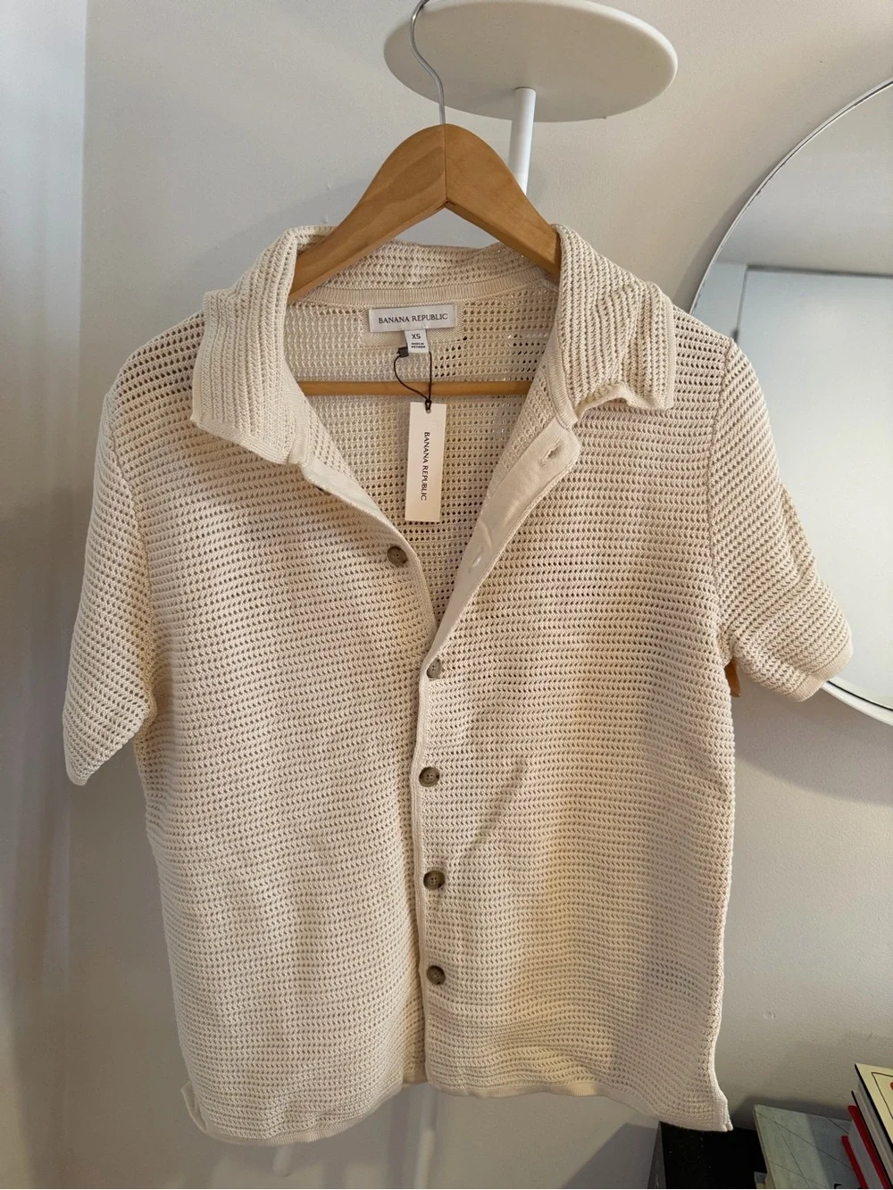 Banana Republic Cream Open-Knit Short Sleeve Button Shirt